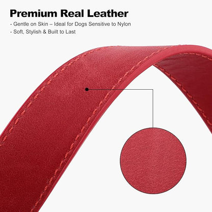 Plutus Pet Genuine Leather Dog Collar – Adjustable Pet Collar with Quick Release Metal Buckle, Soft Real Leather for Small Medium Large Dogs, Heavy Duty & Skin-Friendly (Red, L)