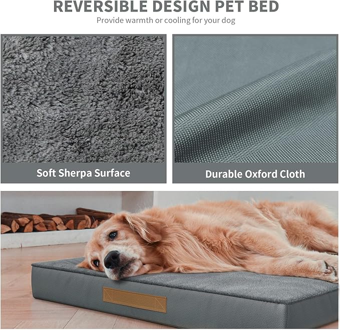 Tail Stories Flat Extra Large Dog Bed, Jumbo Waterproof Dog Bed for Large Dogs, Orthopedic Egg Crate Foam Pet Mat with Removable Washable Cover, Gray