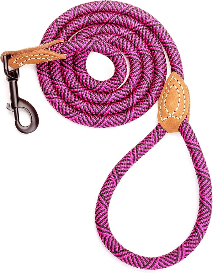 Mile High Life Rope Leash with Genuine Leather Connection, 6 FT/5 FT/4 FT, Heavy Duty Leash for Medium & Large Dogs (Hot Pink, 48 Inch)