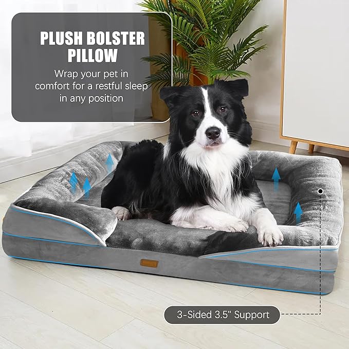 Spotted Play Orthopedic Dog Bed with Sides - Dog Sofa Beds for Large Dogs, Supportive Foam Pet Couch Bed with Washable Removable Cover, Waterproof Lining and Non-Slip Bottom, Grey - L-Plus