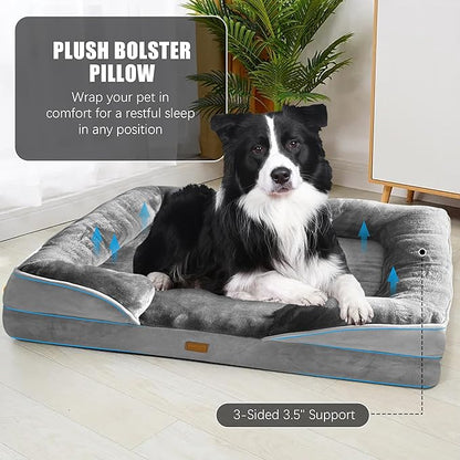 Spotted Play Orthopedic Dog Bed with Sides - Dog Sofa Beds for Large Dogs, Supportive Foam Pet Couch Bed with Washable Removable Cover, Waterproof Lining and Non-Slip Bottom, Grey - L-Plus