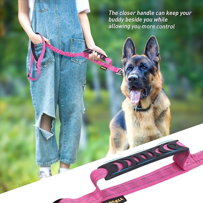 AUBELL Tactical Dog Leash Heavy Duty,4-6ft Reflective Strong No Pull Bungee Leash for Medium Large Dogs with Comfortable Padded Double Handle,Car Seat Belt,360 Degree Rotating Carabiner,Pink