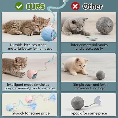 2-Pack Interactive Cat Ball Toys – Pink & Blue Combo – Automatic Rolling Balls with Long Tail & Feather, 3-Modes & USB Rechargeable for Indoor Cats