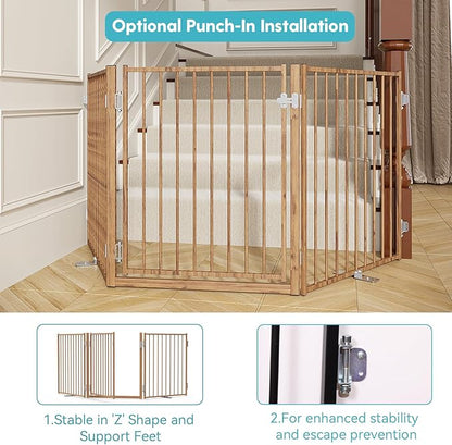 No Pawblems Free Standing Dog Gate with Door, 30'' Tall Foldable Dog Fence for Indoor & Outdoor, Up to 78 Inch Extra Wide Puppy Gate for Stairs, Hallways, Doorways, Deck, Yard (Wood Pattern, 3 Panels)