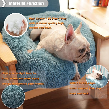 Calming Donut Dogs Beds for Small Dogs Washable,23inch Plush Round Pet Bed for Cozy Sleep,Fluffy Faux Fur Large Cat Bed,Fits up to 25 lbs Pets,Washed Blue