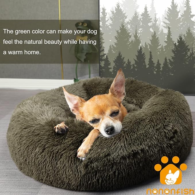 Calming Donut Dogs Beds for Small Dogs Washable,19inch Fluffy Round Puppy Bed for Puppies,Cats & Toy Breeds with Raised Rim,Fits up to 15 lbs Pets,Army Green