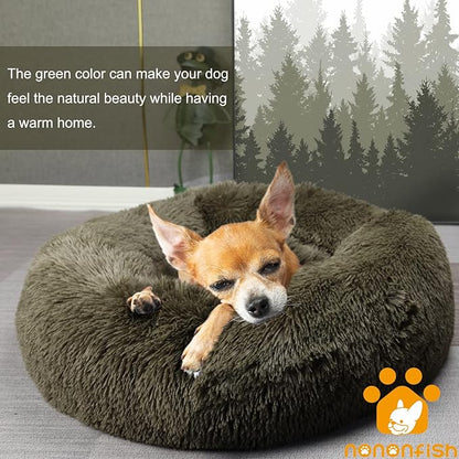 Calming Donut Dogs Beds for Small Dogs Washable,19inch Fluffy Round Puppy Bed for Puppies,Cats & Toy Breeds with Raised Rim,Fits up to 15 lbs Pets,Army Green