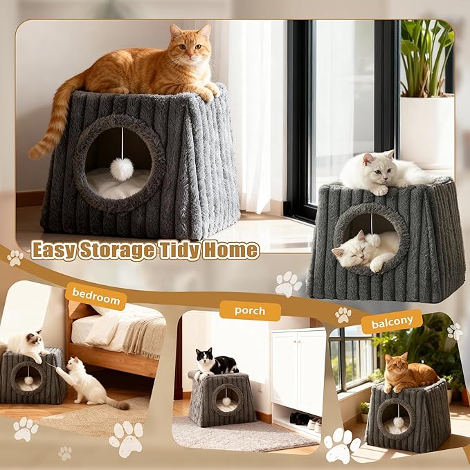 Indoor Cat House - Large Cat Bed Cave with Fluffy Balls and Scratch Pads, Foldable House and Apartment with Pads, Suitable for Multiple Cats (Deep Grey, Large)