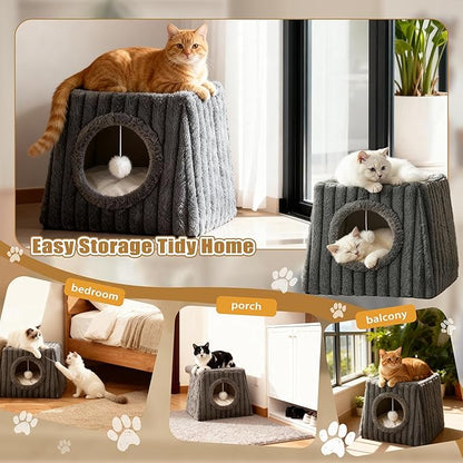 Indoor Cat House - Large Cat Bed Cave with Fluffy Balls and Scratch Pads, Foldable House and Apartment with Pads, Suitable for Multiple Cats (Deep Grey, Large)