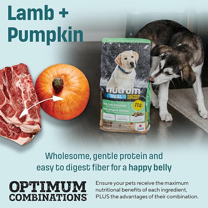 Nutram I14 Puppy Dog Food with Lamb & Brown Rice - Skin, Coat & Sensitive Stomach Dog Food with Pumpkin, Omega-3 Rich Salmon Oil & Flaxseed for Shiny Coat & Immunity - Chicken Free Puppy Food (25 lb)