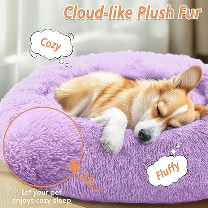 JOLLYVOGUE Calming Dog Bed Large Size Dog, Anti-Anxiety Donut Large Pet Bed, 36 inches Fluffy Faux Fur Round Cat Bed, Fits up to 75 lbs Pets (Purple)