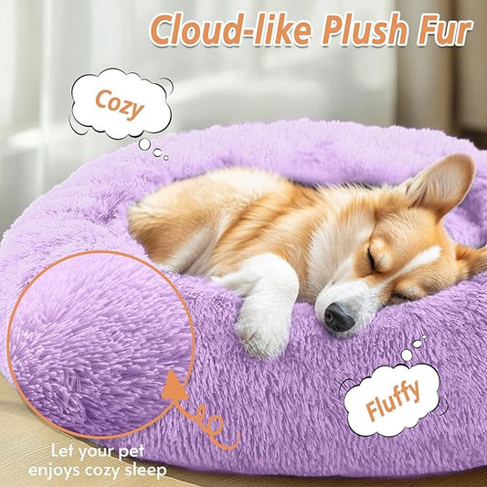 JOLLYVOGUE Calming Dog Bed Medium Size Dog, Anti-Anxiety Donut Medium Pet Bed, 31 inches Fluffy Faux Fur Round Cat Bed, Fits up to 45 lbs Pets (Purple)
