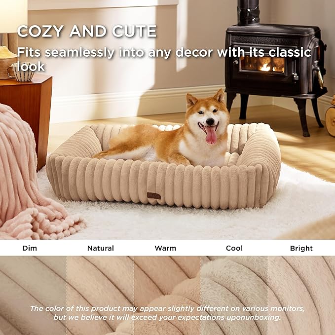 Bedsure ComfyFleece Cute Dog Beds Large Sized Dog - Washable Furry Pet Beds, Rectangle Orthopedic Corduroy Fleece Puppy Beds with Removable Zipper Cover, 36x27x8inches,Sandy Beige