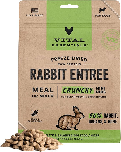 Vital Essentials Freeze-Dried Raw Dog Food, Rabbit Crunchy Mini Nibs | Complete Meal or Mixer | High Protein Dog Food | 5.5 oz