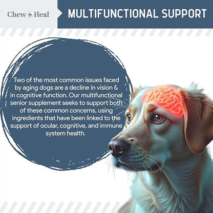 Chew + Heal Labs Senior Dog Vision and Cognition Chews - 120 Soft Chews for Dog Eye Care and Memory - 7-in-1 Multivitamin with Omega Fatty Acids, Vitamins, and Botanicals - Made in The USA