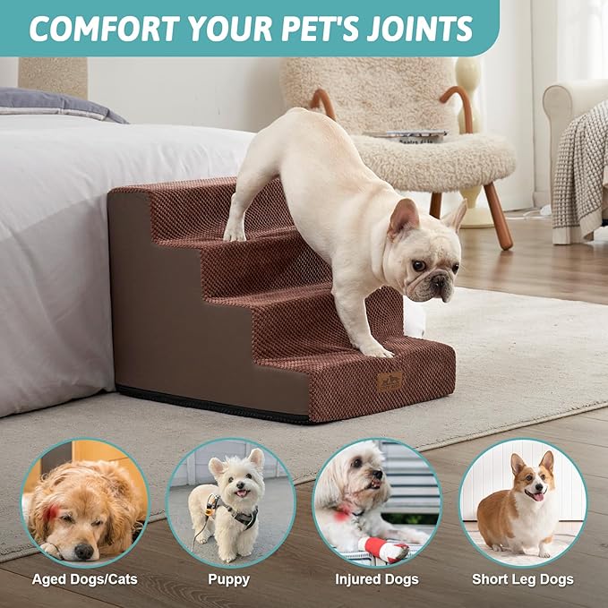 COZY KISS Dog Stairs for Small Dogs, 17.7" Extra Wide Right-Angle Pet Stairs for Couch and Beds, Anti-Slip Dog Steps for Old Cats and Lowrider, 17.7x23.6x17.7 inch, Brown