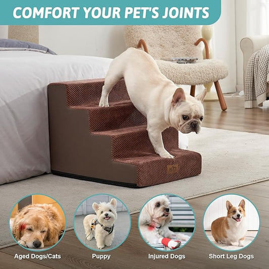COZY KISS Dog Stairs for Small Dogs, 17.7" Extra Wide Right-Angle Pet Stairs for Couch and Beds, Anti-Slip Dog Steps for Old Cats and Lowrider, 17.7x23.6x17.7 inch, Brown