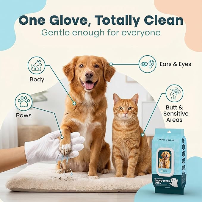Uproot QuickClean Gloves Pro: Extra-Thick Pet Glove Wipes for Dogs & Cats - Easy Wipe Paws, Eyes, Ears, Butt, & Body - Lick-Safe for Cats & Dogs - Cleaning, Deodorizing & Grooming (20 Pack)