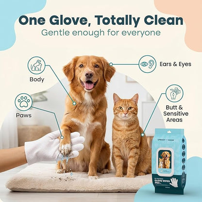 Uproot QuickClean Gloves Pro: Extra-Thick Pet Glove Wipes for Dogs & Cats - Easy Wipe Paws, Eyes, Ears, Butt, & Body - Lick-Safe for Cats & Dogs - Cleaning, Deodorizing & Grooming (20 Pack)