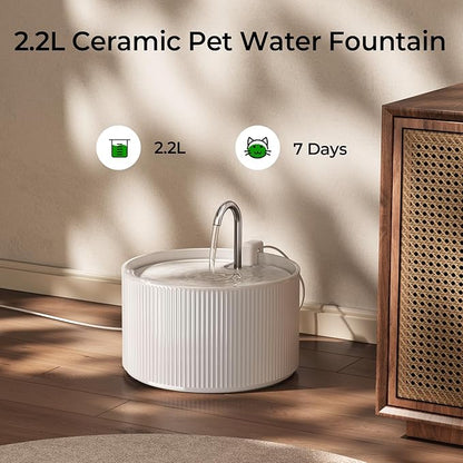 Ceramic Cat Water Fountain, 2.2L/74oz Ceramic Cat Fountains for Drinking Indoor with 3 Replacement Filters and 3 Sponges, Automatic Pet Water Dispenser with Ultra-Quiet Pump