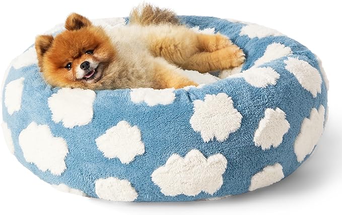 LE SURE Shown on TV Donut Dog Beds for Small Dogs - Calming Cat Sofa as Bed Gift for Indoor Cats with Washable Cover, Round Home Decor Cute Pet Beds with Jacquard Shaggy Plush, 23 Inch, Blue