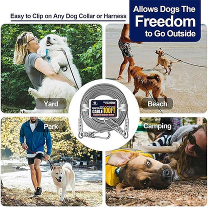 Tie Out Cable for Dogs Up to 300lbs,100ft Extra Strong 1000lbs Break Strength Tie-Out Tether Trolley Training Lead,Dog Run Cable for Yard Garden Park Camping Outside (Silver, 300lbs 100ft)