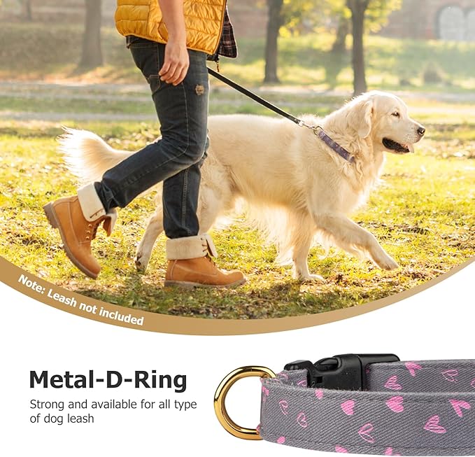 Cotton Handmade Dog Collar Cute and Distinctive Patterns Grey Heart with Pendant for Girl Boy Dogs Collars M