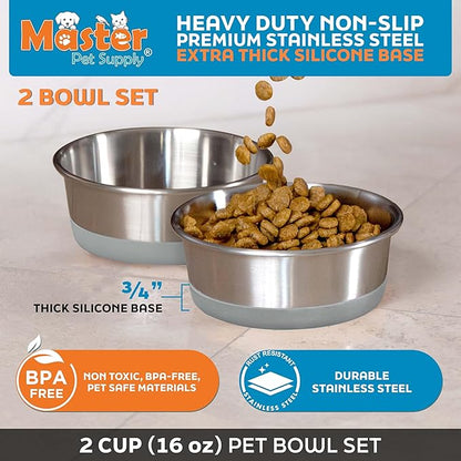 Master Pet Supply Stainless Steel Dog Bowls Set of 2 with Extra Thick Silicone Base - 2 Cup (16 oz) Graphite, Non-Slip, Dishwasher Safe Metal Bowls, Pet Dog Food Bowl for Dogs, Cats, Anti Rust
