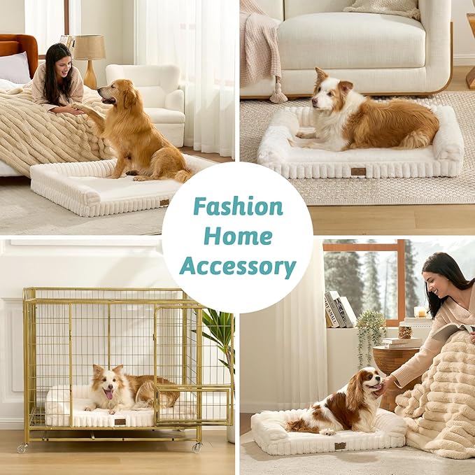 COZY KISS Cute Dog Bed for Large Dogs, Faux Rabbit Fur Orthopedic Foam Dog Bed with Sides, Removable Washable Cover & Waterproof Lining, Comfortable Pet Couch, Cream (44" L x 32" W x 7" Th)