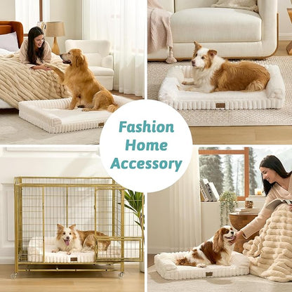 COZY KISS Cute Dog Bed for Large Dogs, Faux Rabbit Fur Orthopedic Foam Dog Bed with Sides, Removable Washable Cover & Waterproof Lining, Comfortable Pet Couch, Cream (44" L x 32" W x 7" Th)