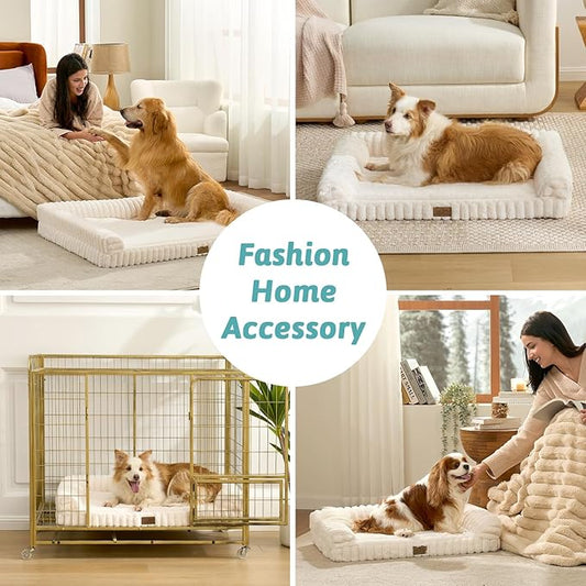 COZY KISS Cute Dog Bed for Small Dogs, Faux Rabbit Fur Orthopedic Foam Dog Bed with Sides, Removable Washable Cover & Waterproof Lining, Comfortable Pet Couch, Cream (30" L x 20" W x 6" Th)