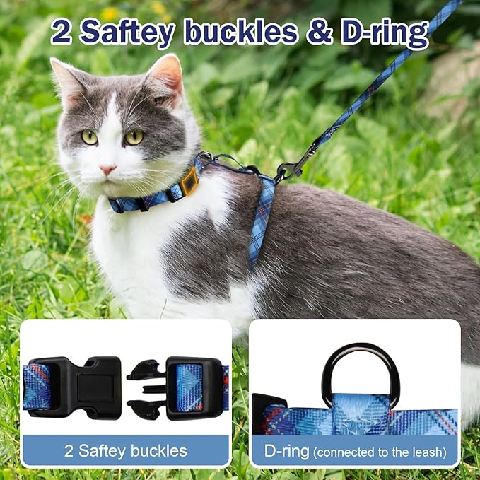Hikiko Cat Harness and Leash Set Escape Proof Adjustable Walking Travel Soft Boy Kitten Harness for Small Medium Large Cats (Blue Plaid, S)