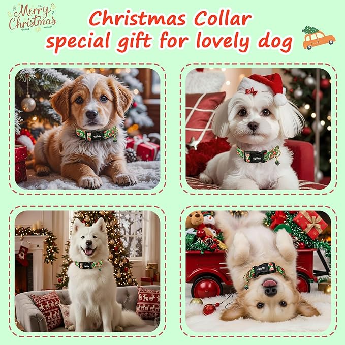 Christmas Dog Collar for Medium Dogs, Adjustable Green Small Dog Collars with Gingerbread Man Pattern, Cute Dog Christmas Collar for Dogs, Winter Holiday Dog Collar for Girl Boy Dog-M
