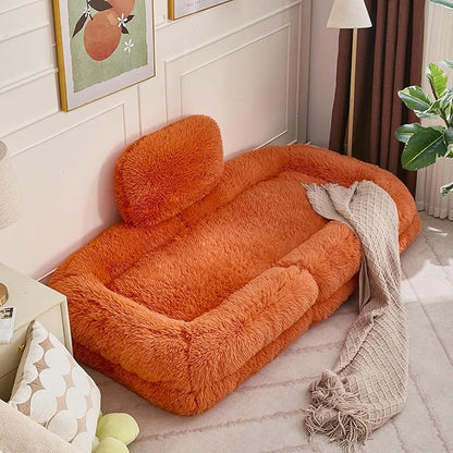 KEIKI 69" Human Dog Bed for Adults, 5-Position Adjustable Convertible Floor Sofa Chair, Human Size Dog Bed for People, Plush Faux Fur Lazy Sofa for Gaming, Meditation & Relaxation, Orange