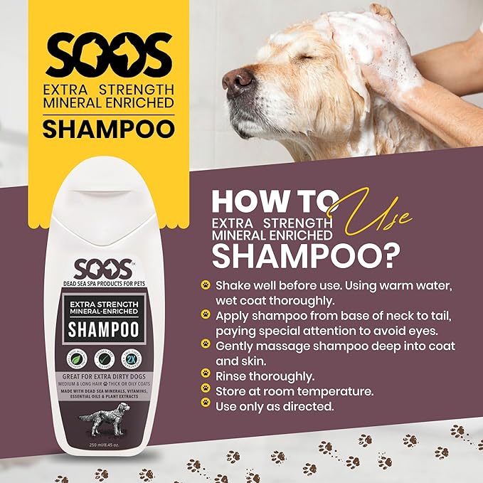 Soos Pets Shampoo Extra Strength for Cat and Dog Shampoo Natural Dead Sea Mineral Enriched Fast Absorbing with Vitamins Essential Oils Natural Ingredients Antib-acterial - 1x 250ml