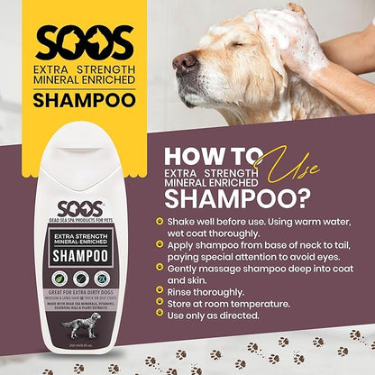 Soos Pets Shampoo Extra Strength for Cat and Dog Shampoo Natural Dead Sea Mineral Enriched Fast Absorbing with Vitamins Essential Oils Natural Ingredients Antib-acterial - 1x 250ml
