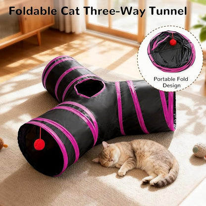 Tempcore Pet Tube Toys 3 Way Collapsible, Cat Tunnels for Indoor Cats，Kitty Bored Pet Toys with Peek Hole & Ball Cat, Puppy, Kitty, Kitten, Rabbit, Rose Red