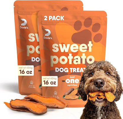 Davie's Sweet Potato Dog Treats - Healthy Treats Made in USA Only, Natural, Healthy Dog Chews, Low Fat, 1 lb Bag - Pack of 2