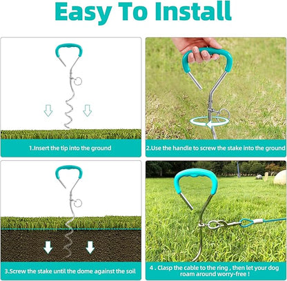 Snagle Paw Dog Tie Out Stake and Run Cable, 10FT Long Lead with Yard Stake, Chains for Outside, Leash Camping & Beach, Tether Medium Large Dogs, Ice Blue