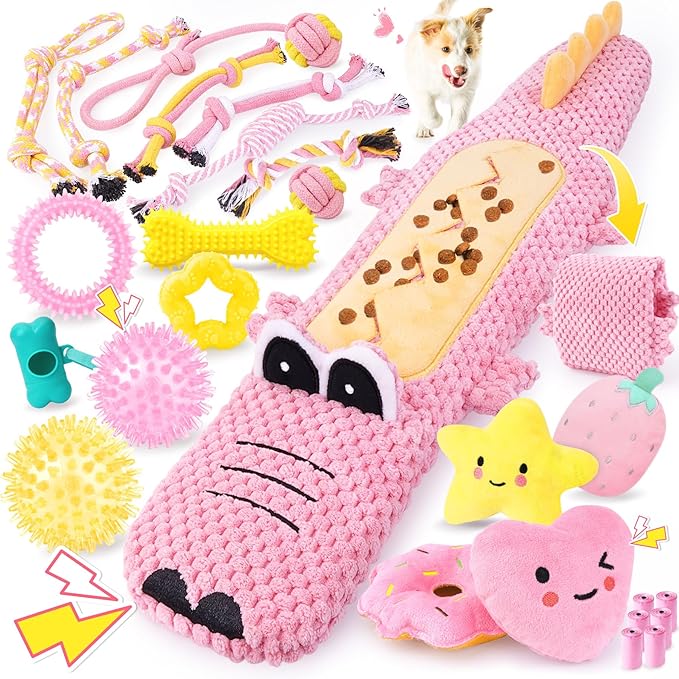 KIPRITII 25-Pack Pink Puppy Toy Set for Small Female Puppies - Includes Sweet Rope Toys, Chew Toys, Cute No-Stuffing Squeaky Dog Toy for Boredom and Teething