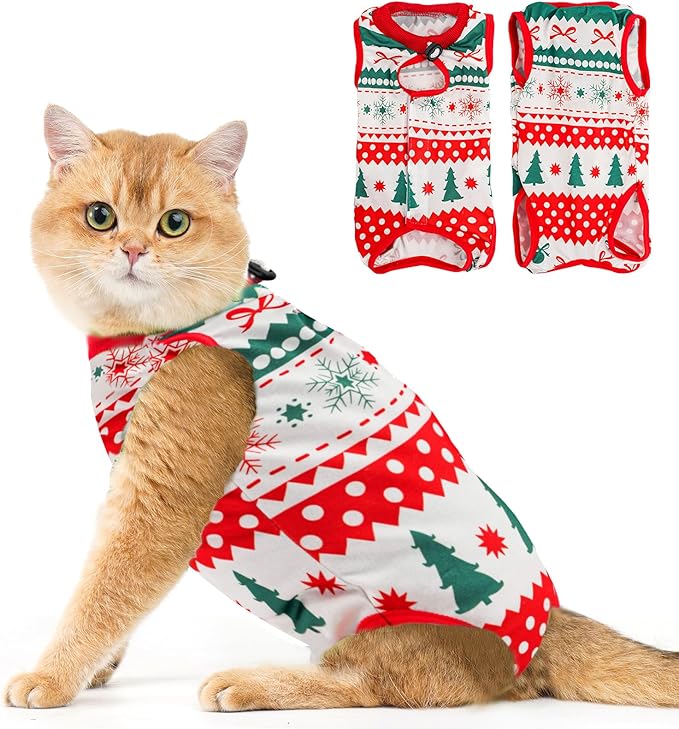 Avont Cat Recovery Suit - Kitten Onesie for Cats After Surgery, Cone of Shame Alternative Surgical Spay Suit for Female Cat, Post-Surgery or Skin Diseases Protection -Christmas(L)