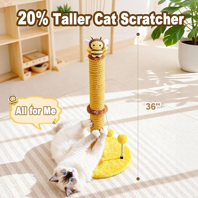 VIEFIN Bee Cat Scratching Post, 36" Tall Cat Scratcher for Indoor Cats - Modern Sisal Scratch Post with Dangling Ball & Plush Toys for Kittens and Adult Cats