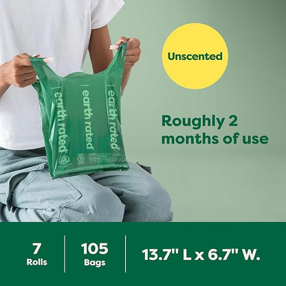 Earth Rated Dog Poop Bags with Handles on Refill Rolls, Easy-Tie on a Compact Roll, Extra Wide Opening, Guaranteed Leak-Proof, Unscented, 105 on Rolls