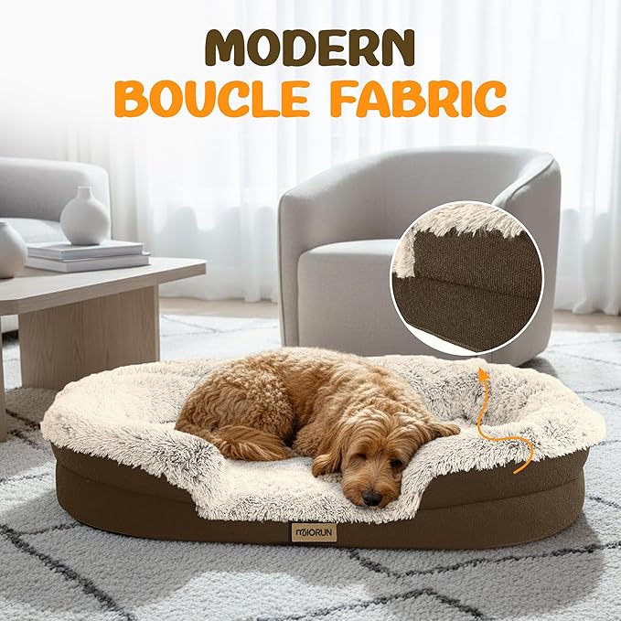 Miorun Fluffy Orthopedic Dog Bed for Extra Large Dogs, Calming Plush Sofa Bed with Curved Bolster Support and Egg-Crate Foam Base, 48" Cozy Oval Pet Donut Bed with Washable Cover, Coffee