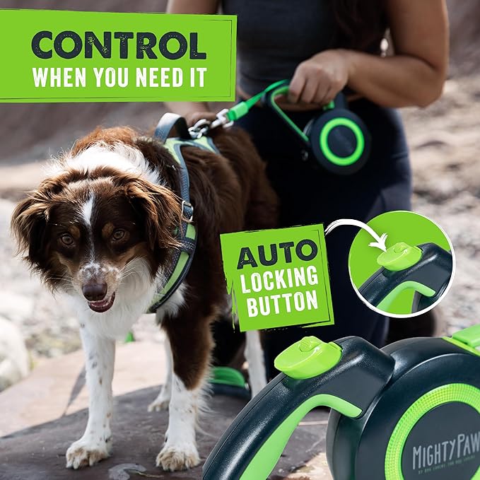 Mighty Paw Retractable Dog Leash 2.0 | 16' Heavy Duty Reflective Nylon Tape Lead for Pets up to 0-50 lbs. Tangle Free Design W/One Touch Quick-Lock Braking System & Anti-Slip Handle (Green/Lite)