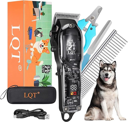 LQTⓇ Pet Electric Trimmer, Transparent Edition, Quiet Design, Wireless USB Charging, LED Digital Display. Suitable for Pets with Thick Coats.