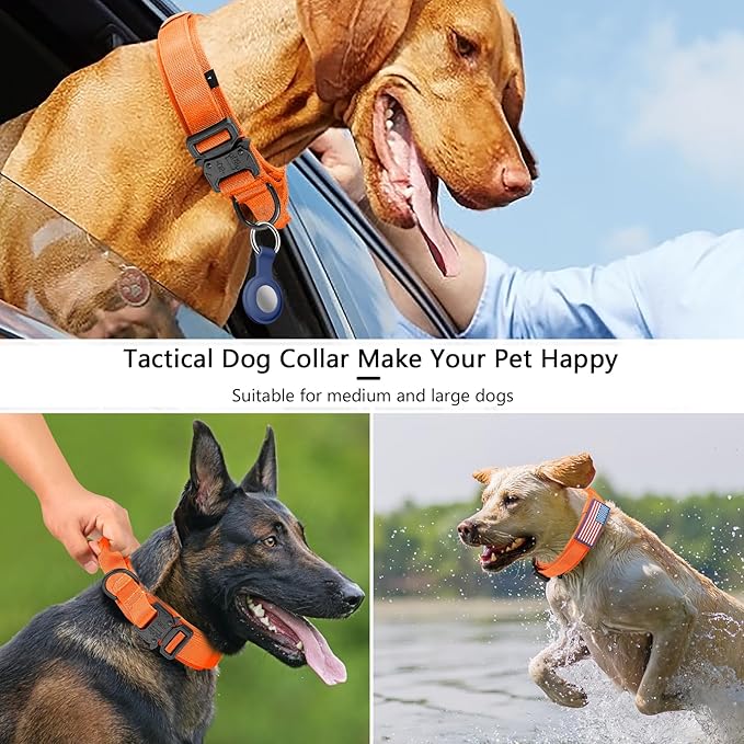 DAGANXI Tactical Dog Collar, Adjustable Military Training Nylon Dog Collar with Control Handle and Heavy Metal Buckle for Medium and Large Dogs, with Patches and Airtags Case (Orange, S)