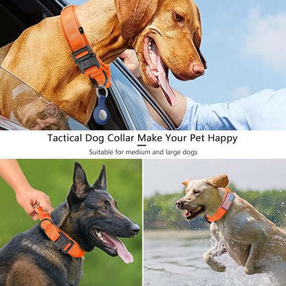 DAGANXI Tactical Dog Collar, Adjustable Military Training Nylon Dog Collar with Control Handle and Heavy Metal Buckle for Medium and Large Dogs, with Patches and Airtags Case (Orange, XL)
