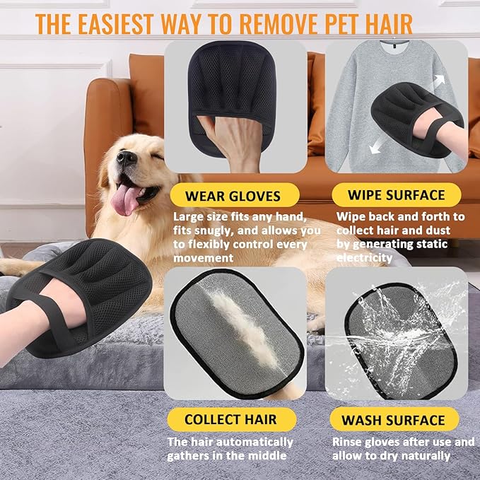 Five-Finger Electrostatic Pet Hair Remover Glove, Reusable Washable Magic Brush Pet Hair Remover Tool for Laundry, Couch, Carpet, Car Seat (2pcs)