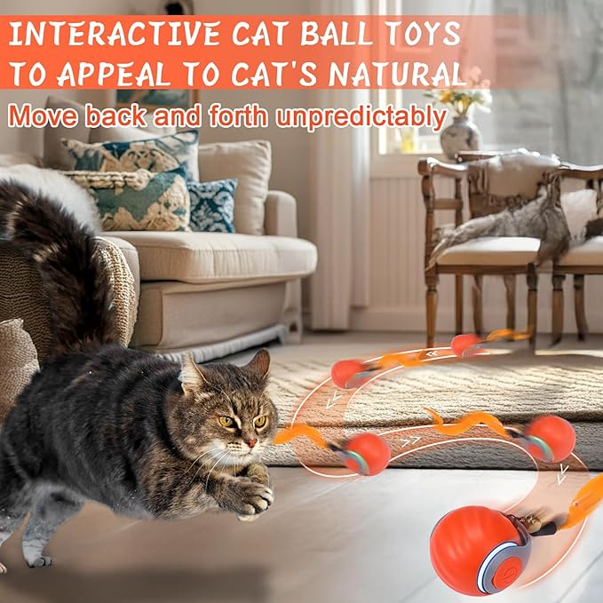 BABORUI 2Pack Orange Interactive Cat Toy Ball - Automatic Interactive Cat Toys for Indoor Cats with 3 Tails, 2 Speeds Rechargeable Enrichment for Small/Medium/Large to Keep Them Busy